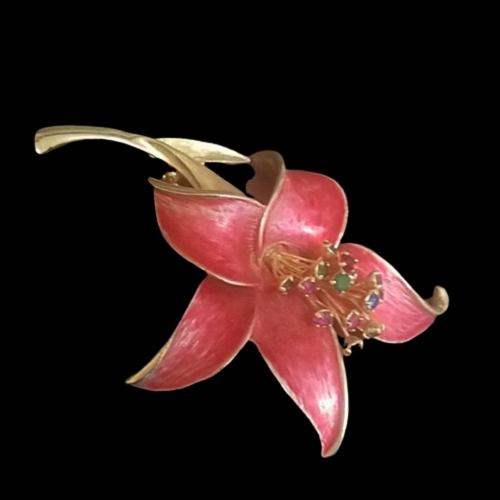 Large Vintage Rose Enamel Rhinestone Lily brooch